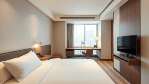 Modern hotel room interior with contemporary minimalist design, clean white bedding, work desk, flat-screen TV, and professional lighting in Tokyo urban setting