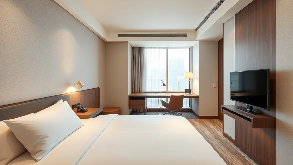Modern hotel room interior with contemporary minimalist design, clean white bedding, work desk, flat-screen TV, and professional lighting in Tokyo urban setting