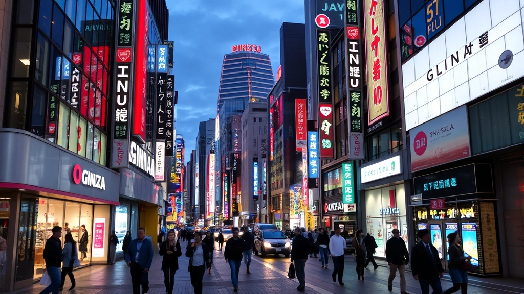 Bustling Ginza district street view at dusk with illuminated storefronts, pedestrians shopping, neon signs reflecting on wet pavement, vibrant urban atmosphere