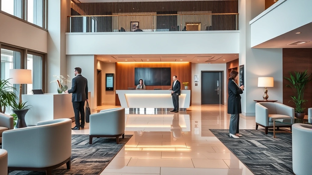 Hotel lobby reception area with professional staff at desk, modern furnishings, polished floors, warm lighting, business travelers checking in and out
