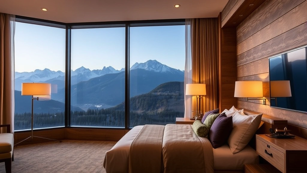 Modern hotel bedroom interior with panoramic window framing mountain vista, comfortable bed with quality linens, warm lighting, rustic wooden accents, peaceful mountain view of peaks and forested slopes