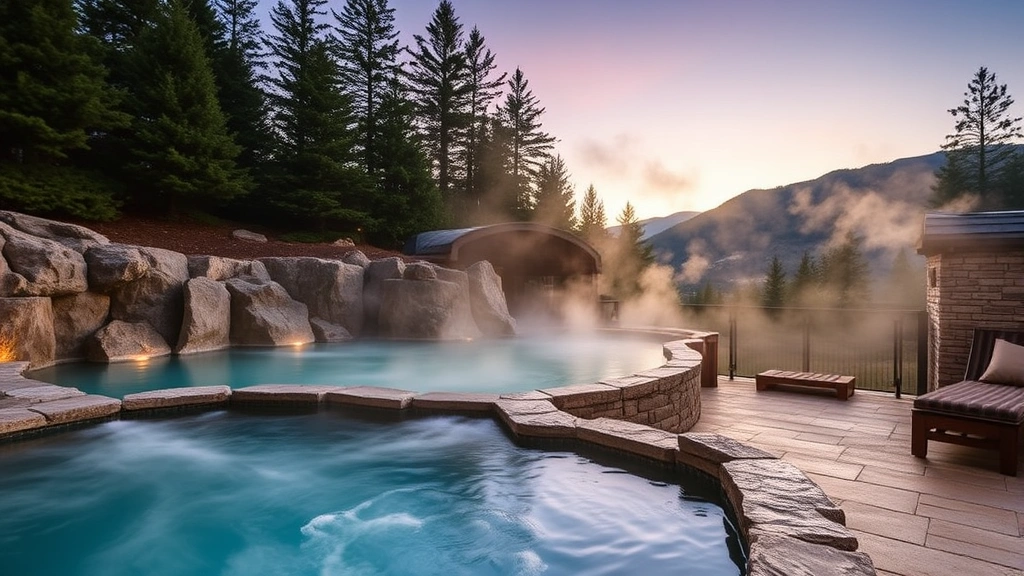 Outdoor hot spring pool facility surrounded by natural rock formations and evergreen trees, steaming water, mountain backdrop at dusk, luxury wellness amenity with comfortable seating areas nearby