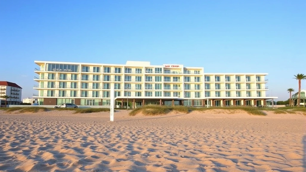 Modern beachfront hotel exterior with ocean view, sandy beach in foreground, clear blue sky, contemporary architecture, daytime lighting, no signage or text visible