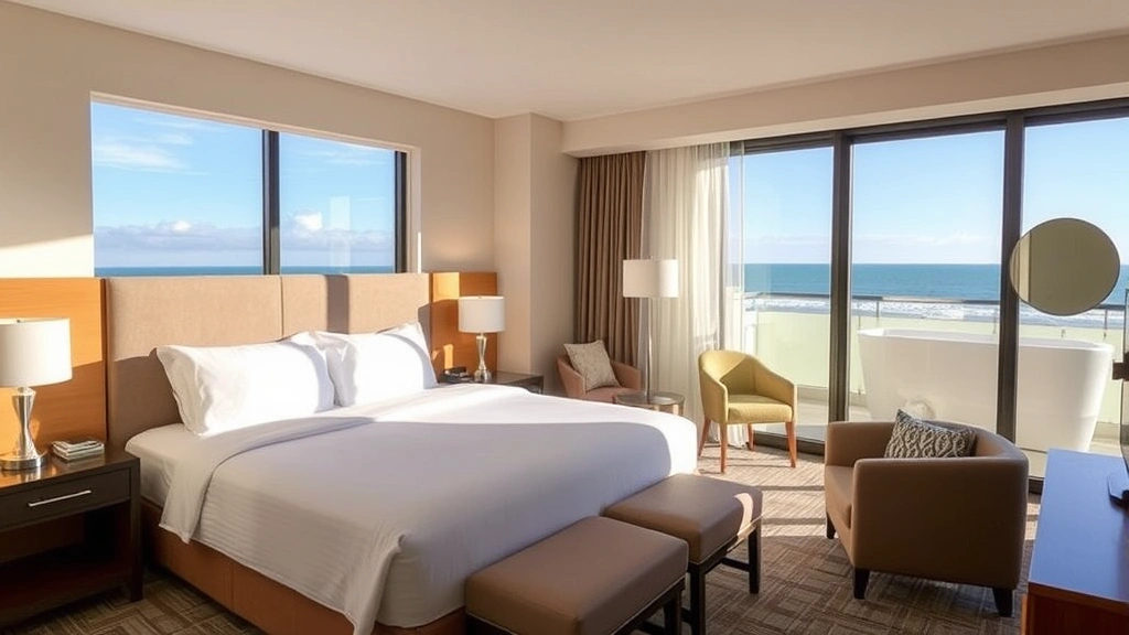 Bright hotel room interior with queen bed, large window showing ocean view, contemporary furnishings, clean modern bathroom visible, natural daylight, neutral tones