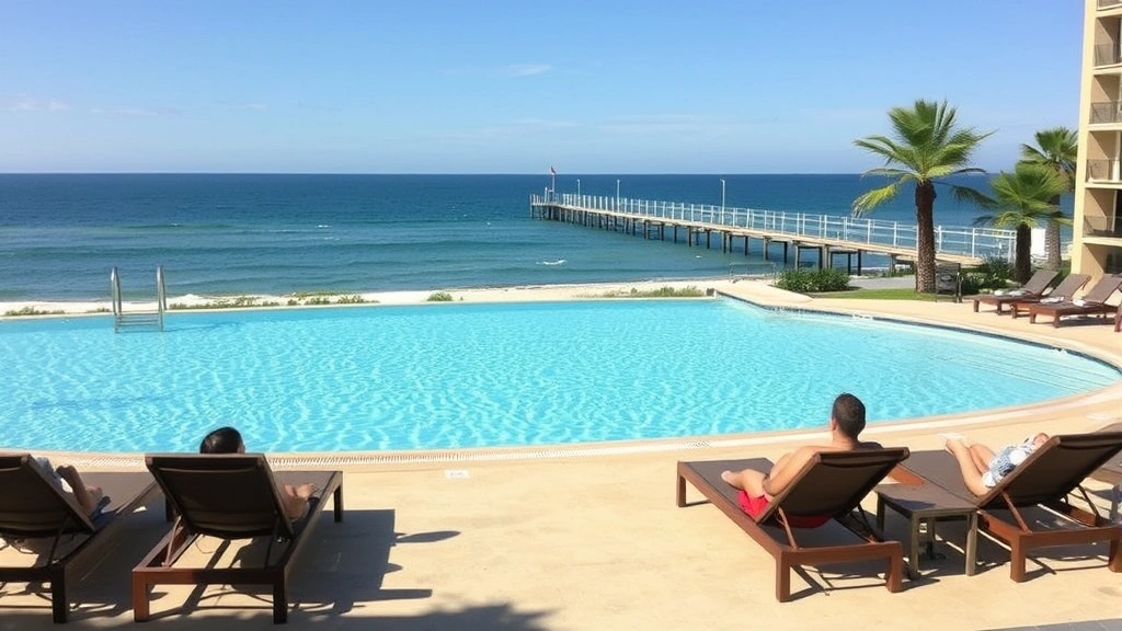 Oceanfront swimming pool with lounge chairs, ocean and pier visible in background, palm trees, clear sunny day, guests relaxing, coastal atmosphere, no identifying markers