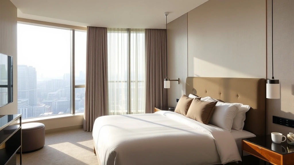 Modern hotel bedroom with contemporary design, neutral tones, comfortable bed with premium linens, minimalist decor, large window with city view, morning light, no visible text or signage