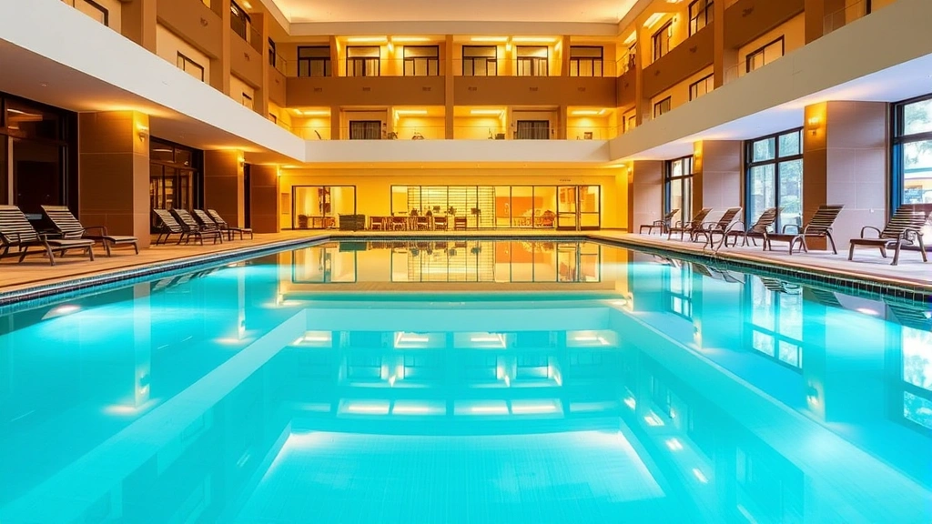 Hotel indoor pool facility with clear blue water, lounge chairs, contemporary architecture, warm lighting, clean and inviting atmosphere, no people visible, no text or signage