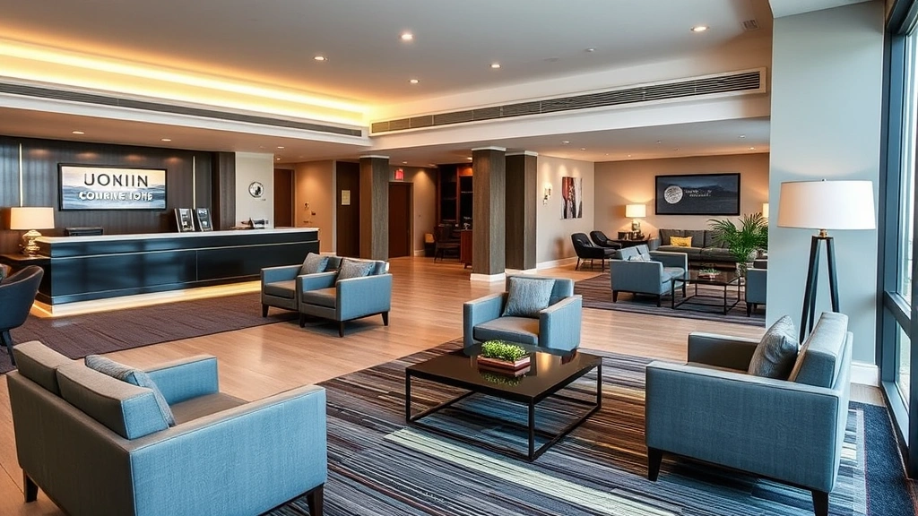 Hotel lobby with modern furniture, sleek design, comfortable seating areas, professional ambiance, warm ambient lighting, check-in desk area visible, clean and organized, no visible text or room numbers