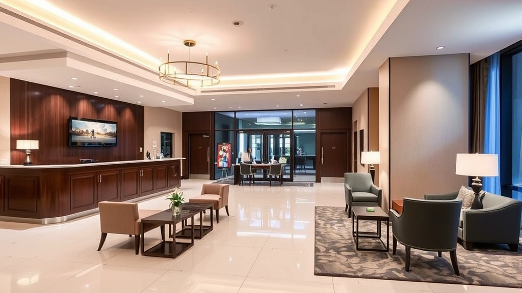 Hotel lobby reception area with front desk counter, modern lighting fixtures, comfortable seating area with contemporary furniture, clean polished floors, professional hospitality environment, no people or identifying information visible