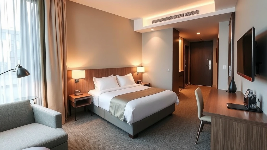 Modern hotel room interior with queen bed, contemporary furnishings, warm lighting, clean workspace desk, neutral color palette, professional hospitality setting