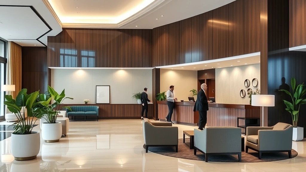 Hotel lobby entrance area with comfortable seating, professional front desk counter, plants, modern lighting fixtures, welcoming atmosphere, business-casual guests checking in