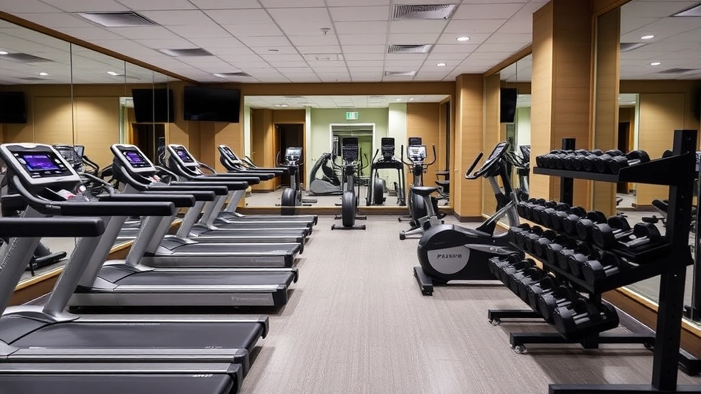 Hotel fitness center with cardio equipment, free weights, mirrors, bright lighting, clean floor, motivational environment, empty during off-peak hours