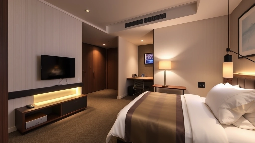 Modern hotel room interior with contemporary Japanese design, comfortable bed with white linens, desk workspace, flat-screen TV, warm ambient lighting, compact efficient layout, no visible text or signage