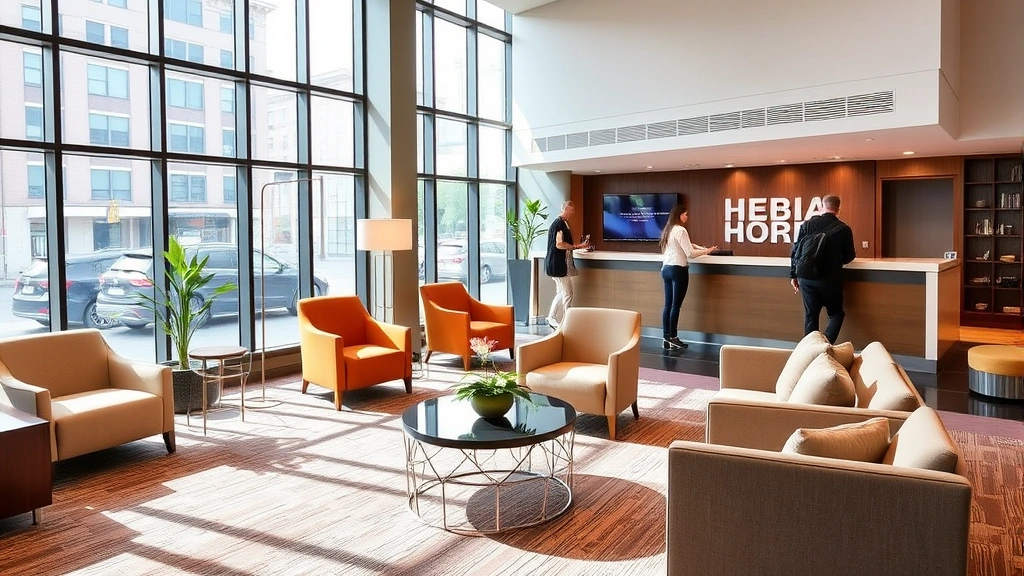 Hotel lobby area with welcoming seating, contemporary furniture, large windows showing urban streetscape, professional reception desk in background, clean modern aesthetic, guests checking in, bright natural lighting