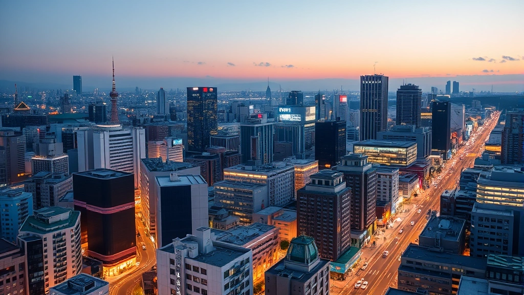 Osaka cityscape at dusk with illuminated buildings and streets, urban district view from elevated perspective, modern office and residential towers, busy commercial area, no visible addresses or building numbers