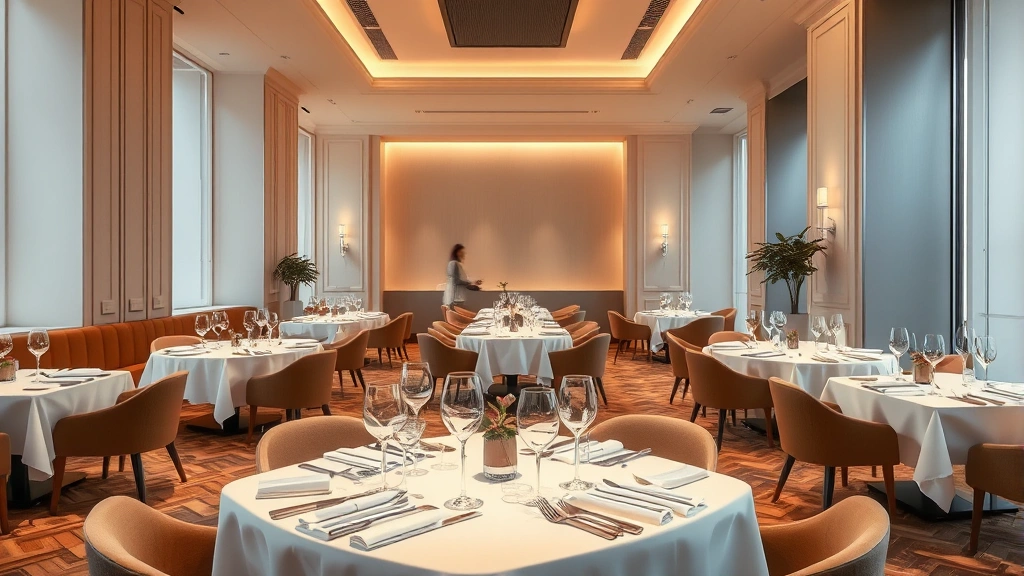 Elegant fine dining restaurant interior with white tablecloths, soft warm lighting, place settings, and modern minimalist décor in a luxury hotel environment
