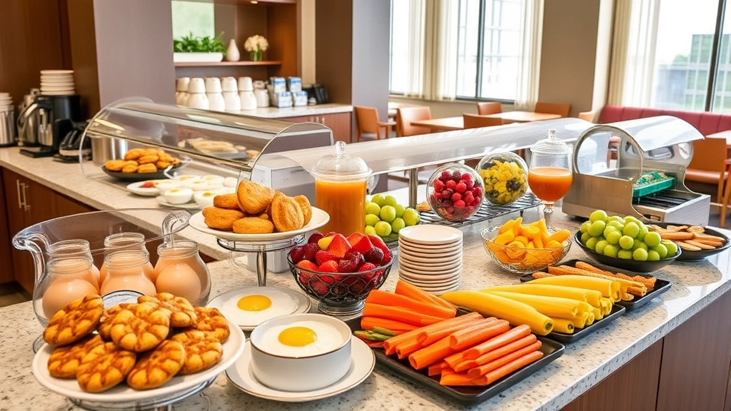 Vibrant breakfast buffet spread featuring fresh pastries, fruits, eggs, coffee service, and colorful platters in a bright hotel restaurant morning setting