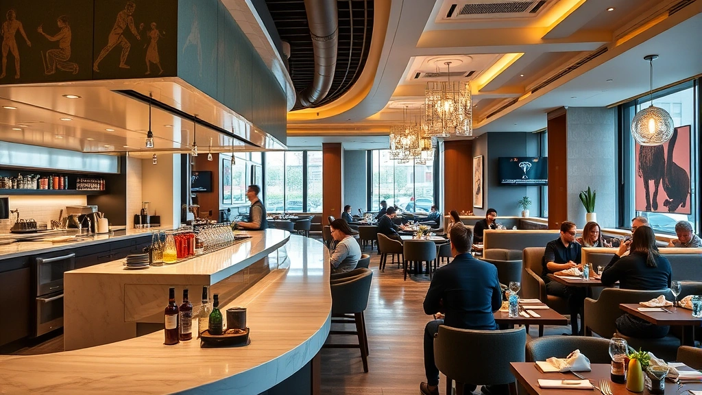 Contemporary casual hotel restaurant with open kitchen counter, modern seating, craft cocktails on display, and diners enjoying meals in relaxed upscale atmosphere