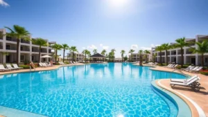Modern resort pool area with multiple loungers, tropical landscaping, and guests relaxing by crystal-clear water under sunny sky, no people identifiable, daytime resort setting