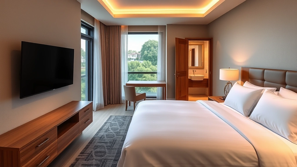 Modern hotel room with king bed, plush bedding, contemporary wooden furniture, flat-screen TV mounted on wall, clean bathroom visible through open door, warm ambient lighting, window with sheer curtains overlooking green residential landscape