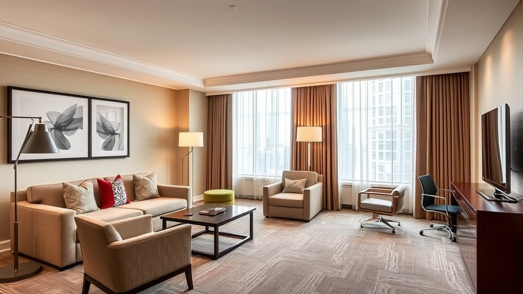 Spacious hotel suite living area with comfortable sofa, armchair, work desk with lamp, large windows with natural light, modern artwork on walls, neutral color palette, premium furnishings in upscale contemporary style