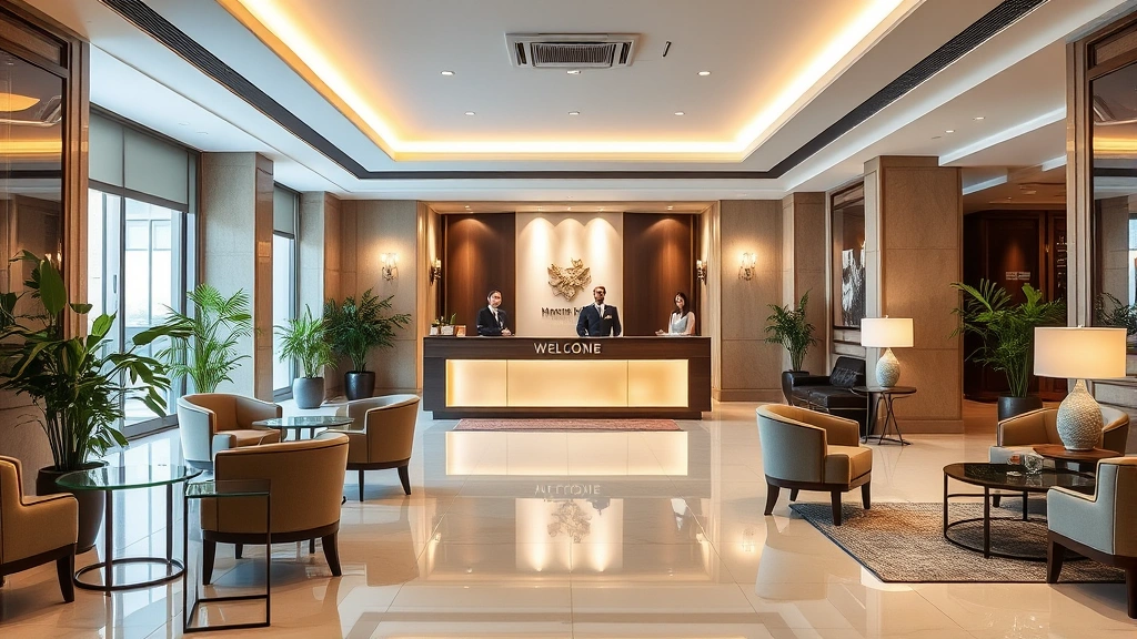 Bright hotel lobby entrance with welcoming front desk counter, professional staff member in uniform, comfortable seating area with chairs and tables, modern lighting fixtures, clean polished floors, plants and contemporary decor, professional hospitality environment