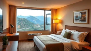 Cozy budget hotel room interior with queen bed, warm lighting, and clean modern furnishings overlooking mountain valley landscape through window, photorealistic Tennessee mountain setting