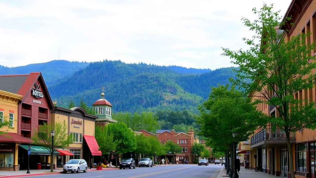 Mountain town downtown street view with various hotel and lodging properties, tree-lined pedestrian area, authentic Smoky Mountains gateway town atmosphere, daytime natural lighting
