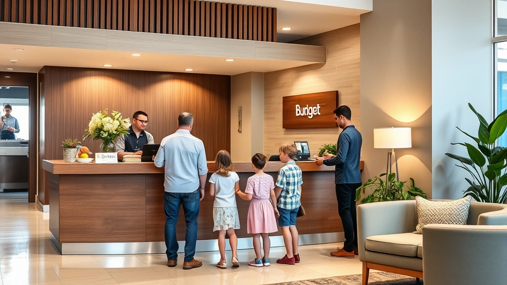 Family checking into budget hotel reception desk with friendly staff, bright modern lobby with comfortable seating area, welcoming hospitality environment, professional service interaction