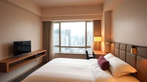 Modern Japanese hotel bedroom with queen bed, minimalist décor, flat-screen TV, compact workspace, warm lighting, city view from window overlooking urban Tokyo neighborhood