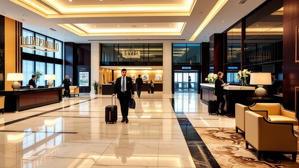 Hotel lobby reception area with polished marble flooring, contemporary furniture, 24-hour front desk counter, professional staff in uniforms, business travelers with luggage, warm ambient lighting
