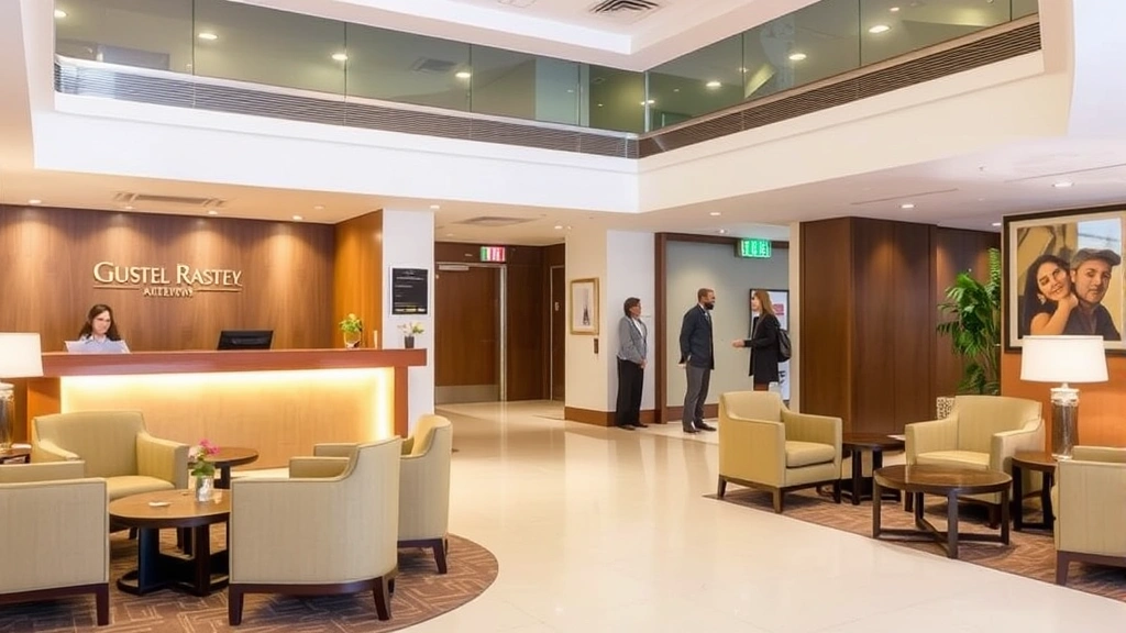 Hotel lobby with front desk area, comfortable seating arrangement, warm lighting, professional reception environment, guests checking in, clean modern interior design, no signage with text