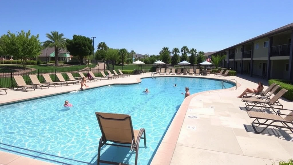 Outdoor swimming pool area with lounge chairs, clear water, landscaping, sunny day, vacation atmosphere, resort-style setting, families enjoying amenities, no visible address or identifying text