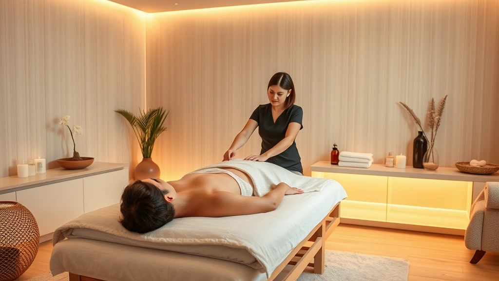 Serene spa massage room with professional therapist performing treatment on relaxed client, warm lighting, clean linens, spa products visible, peaceful ambiance, no people faces visible, photorealistic