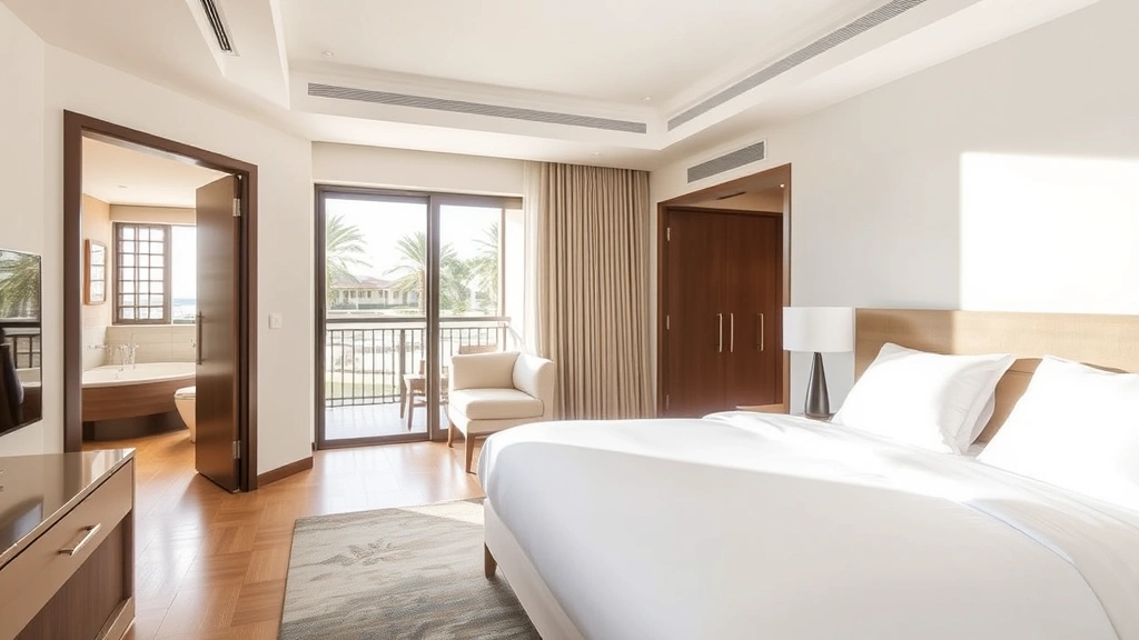 Modern hotel bedroom with king bed, neutral tones, bathroom visible through open door, balcony with resort view, clean contemporary furnishings, well-lit natural lighting, inviting atmosphere, photorealistic