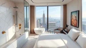 Elegant hotel suite with marble bathroom, rainfall shower, premium linens, floor-to-ceiling windows overlooking city skyline, modern minimalist decor with local artwork