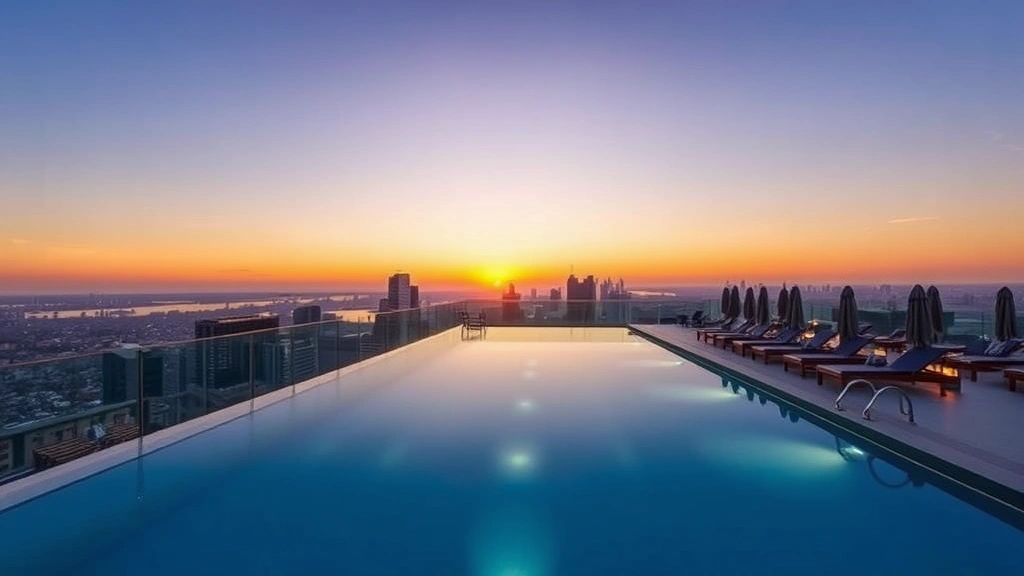 Rooftop infinity pool at sunset with panoramic city views, lounge chairs, ambient lighting, clear water reflecting sky, luxury resort atmosphere