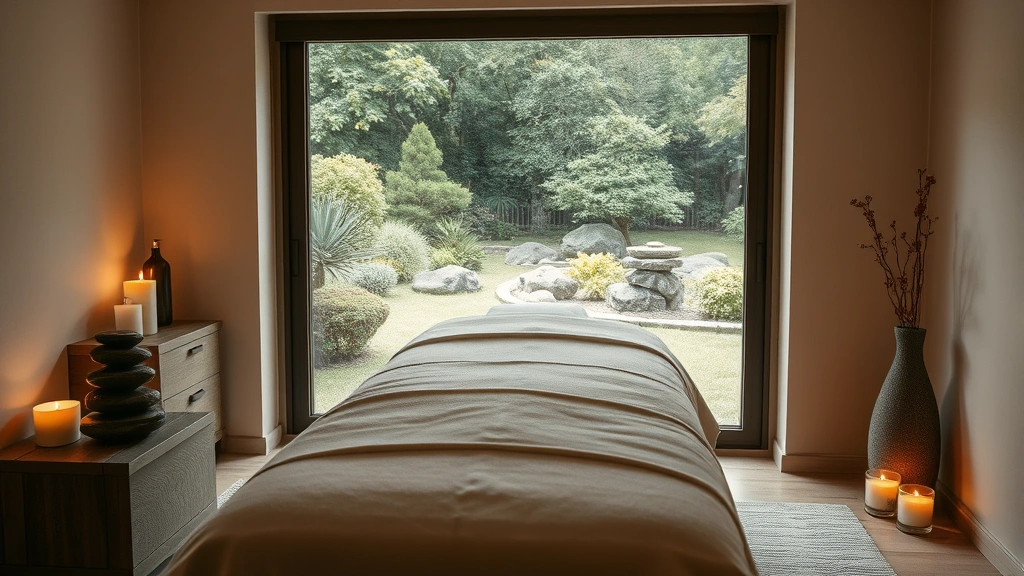 Spa treatment room with massage table, soft lighting, aromatherapy candles, heated stone arrangements, tranquil zen garden view through window