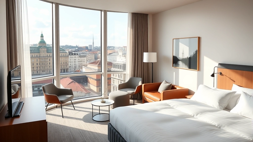 Scandinavian hotel room with minimalist design, clean lines, natural light from large windows, modern furniture, and views of Stockholm cityscape