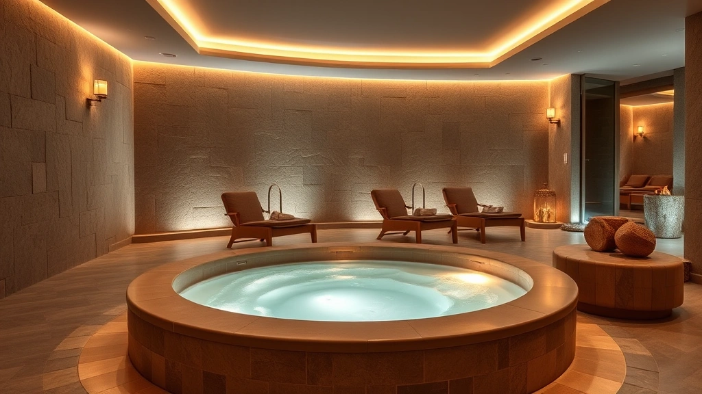 Luxury hotel spa with heated jacuzzi tub, stone features, soft ambient lighting, and elegant Swedish interior design elements
