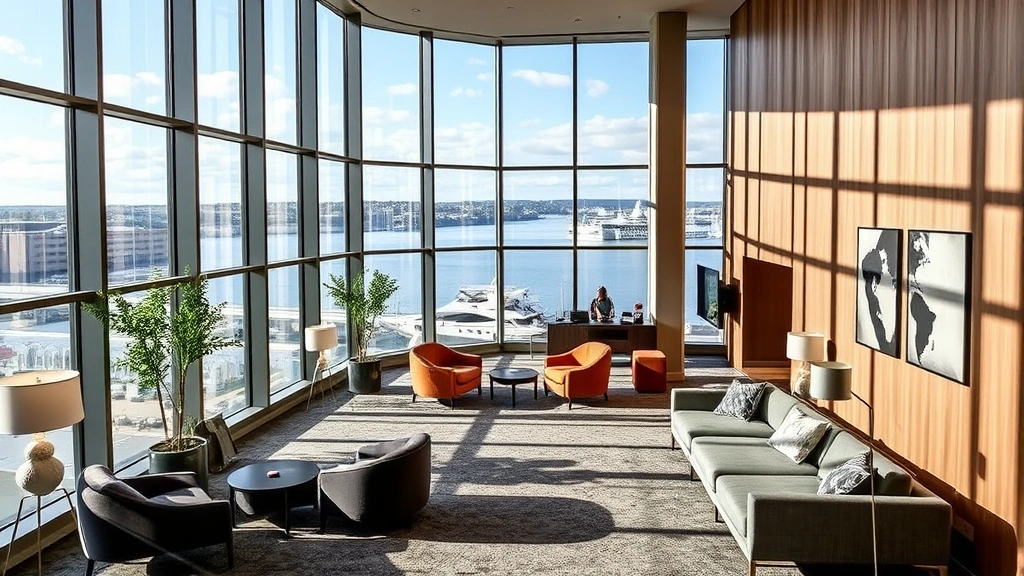 Stockholm waterfront hotel lobby overlooking archipelago, contemporary Nordic architecture, floor-to-ceiling windows, and stylish seating areas
