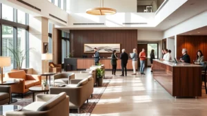 Modern hotel lobby with comfortable seating, natural lighting, and welcoming atmosphere; diverse guests checking in at reception desk