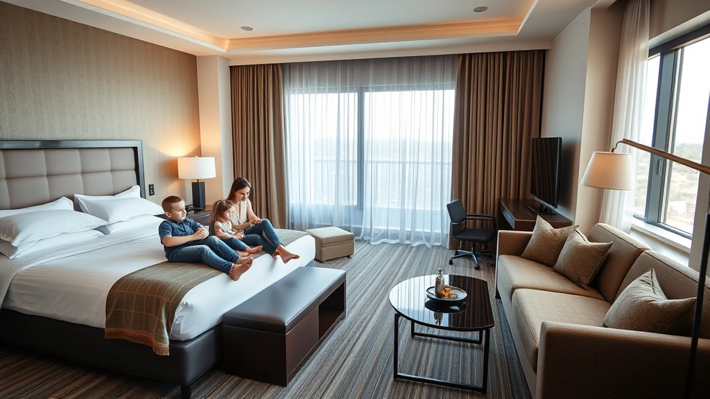 Family of four relaxing in spacious hotel suite with comfortable bedding, sitting area, and contemporary furnishings; natural daylight from windows