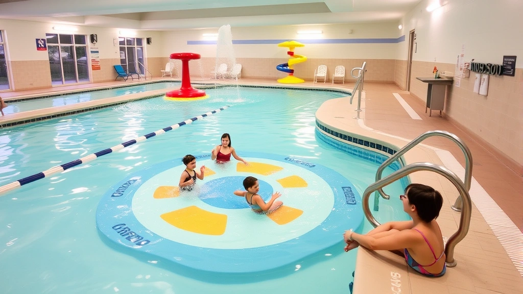 Family-friendly indoor pool with shallow children's area, water features, colorful splash pad, depth markers visible, bright lighting, safe railings, towel stations, clean water and maintained facility