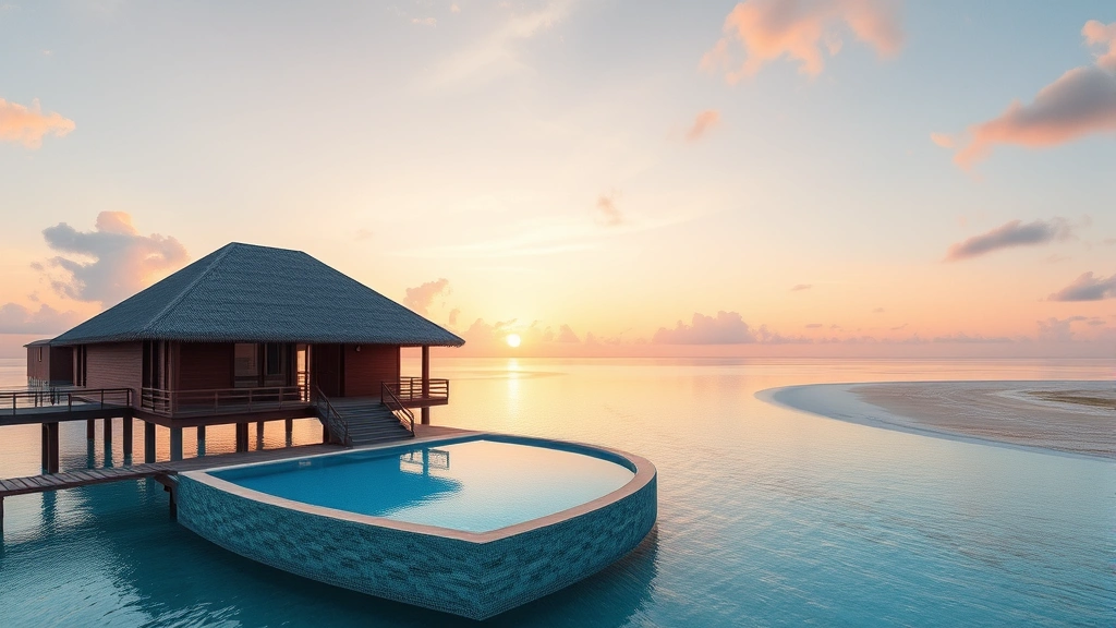 Luxury tropical overwater bungalow with private infinity pool overlooking crystal clear lagoon and white sand beach at sunset, photorealistic