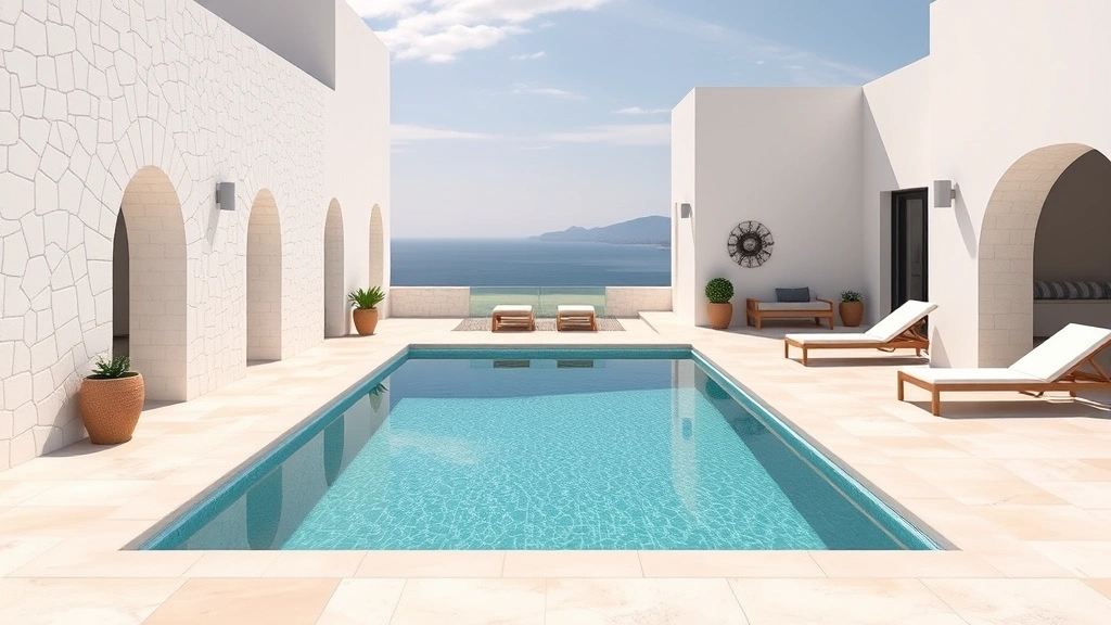 Modern Mediterranean villa suite with private heated pool, white stone architecture, ocean view terrace, and lounging chairs, photorealistic daylight