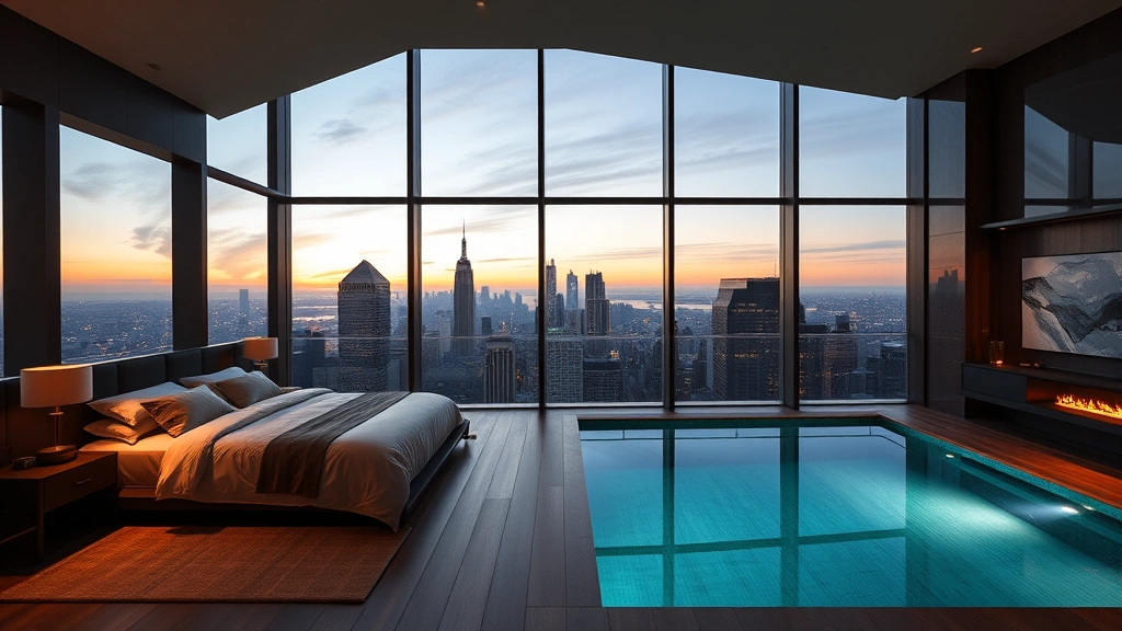 Upscale urban penthouse bedroom with private indoor-outdoor pool, floor-to-ceiling windows showing city skyline, contemporary design, photorealistic evening lighting