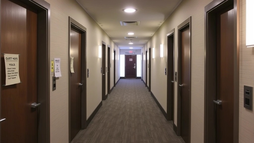 Hotel hallway with closed guest room doors, neutral decor, and professional signage indicating quiet hours and house rules posted on walls