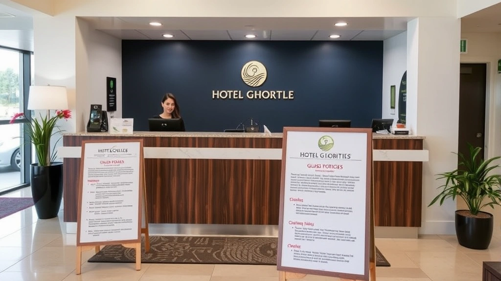 Hotel lobby area with front desk staff, professional setting, and informational materials about guest policies and house rules displayed