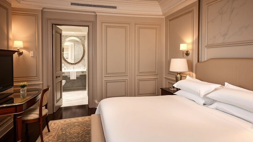 Luxurious hotel room with king bed, marble bathroom visible through open door, elegant European décor, soft ambient lighting, high thread count white linens